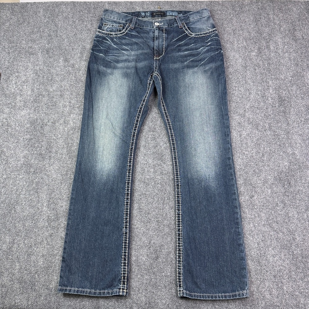INC Jeans Mens 36x32 Copenhagen Slim Bootcut Dark Wash Heavy Stitch Whisker